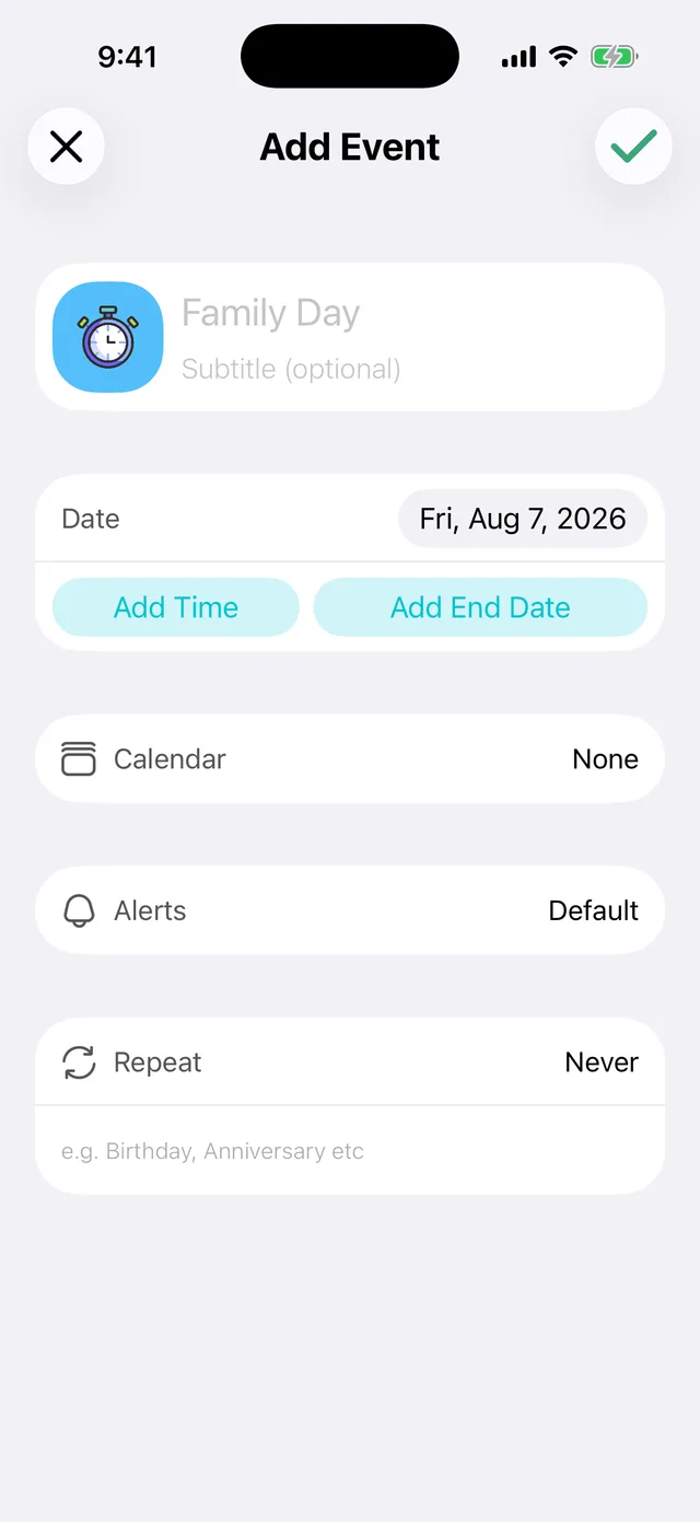 The Add Event screen with title, date, calendar, alerts and repeat options