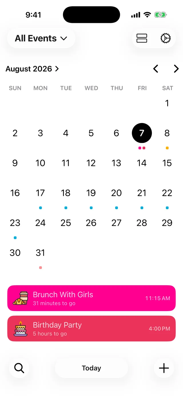 Calendar View showing August with coloured dots under event days