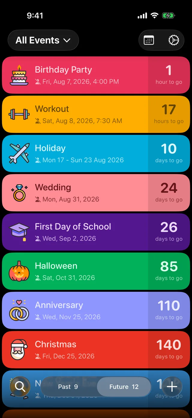 The events list in the dark theme
