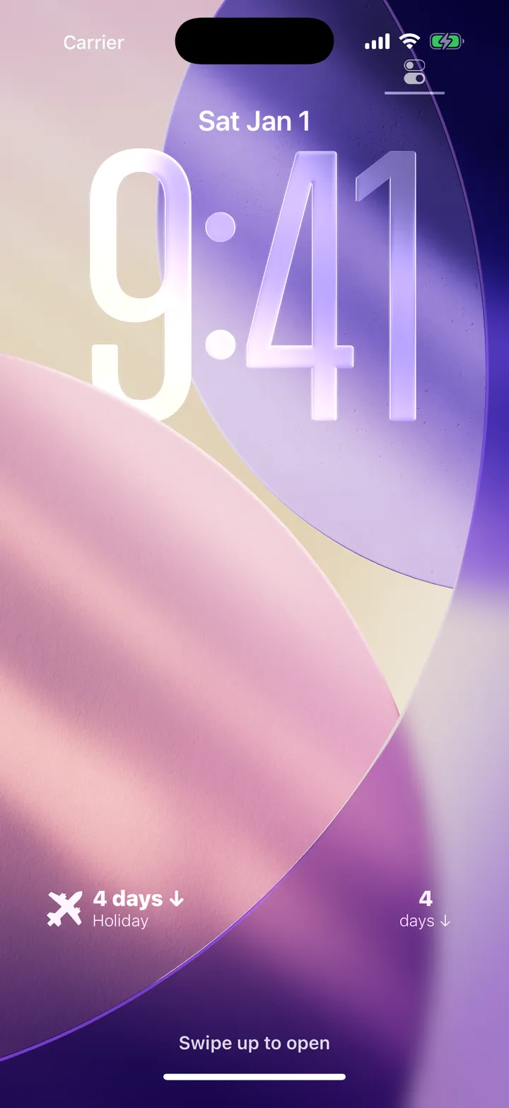 A Lock Screen with the rectangular widget showing 4 days to a holiday and the circular widget beside it