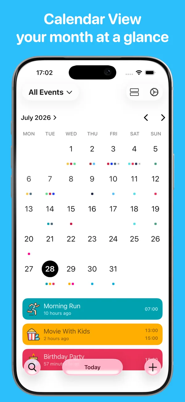 The new Calendar View showing a month grid with colour-coded event dots and the day's events beneath