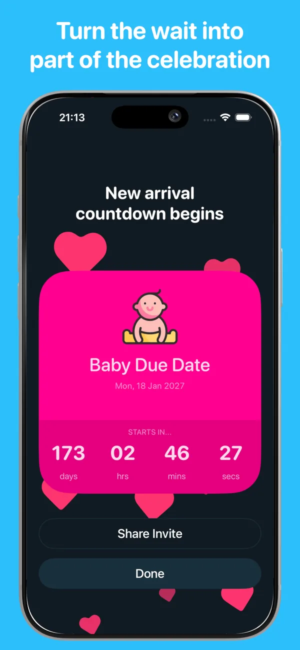 A full-screen baby due date countdown with falling hearts and a Share Invite button