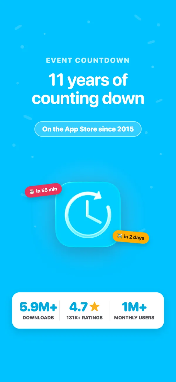 Event Countdown brand card: 11 years of counting down, 5.9 million downloads, 4.7 stars from 131,000 ratings, one million monthly users