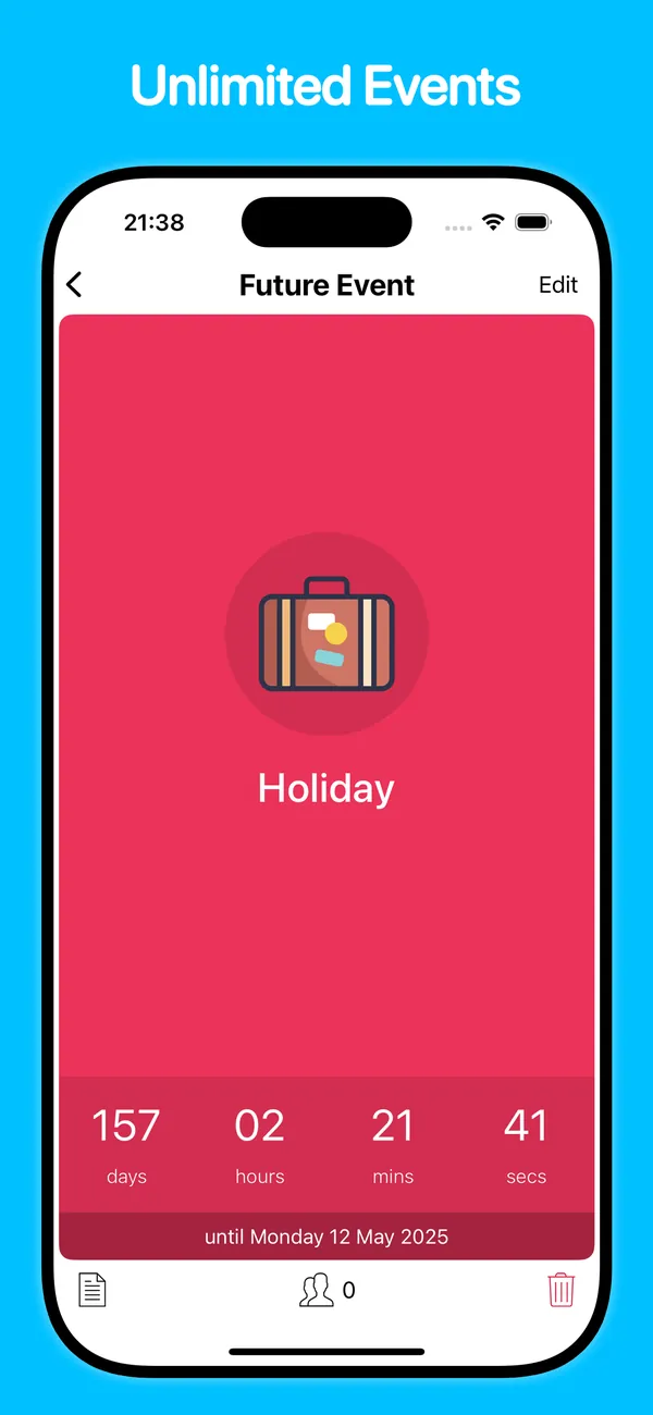A single event countdown screen with live days, hours, minutes and seconds remaining