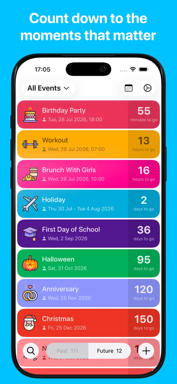 All upcoming events listed with colourful countdown cards for birthdays, holidays and anniversaries