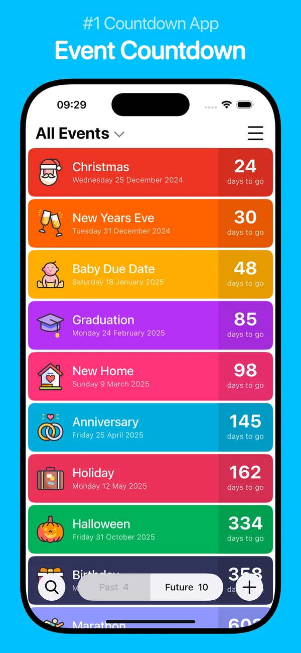 All upcoming events listed with colourful countdown cards for birthdays, holidays and anniversaries