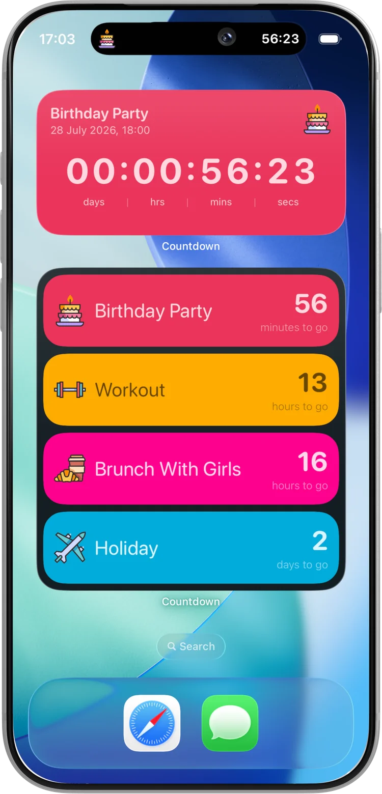Event Countdown widgets on an iPhone Home Screen, with a live countdown ticking down to the second