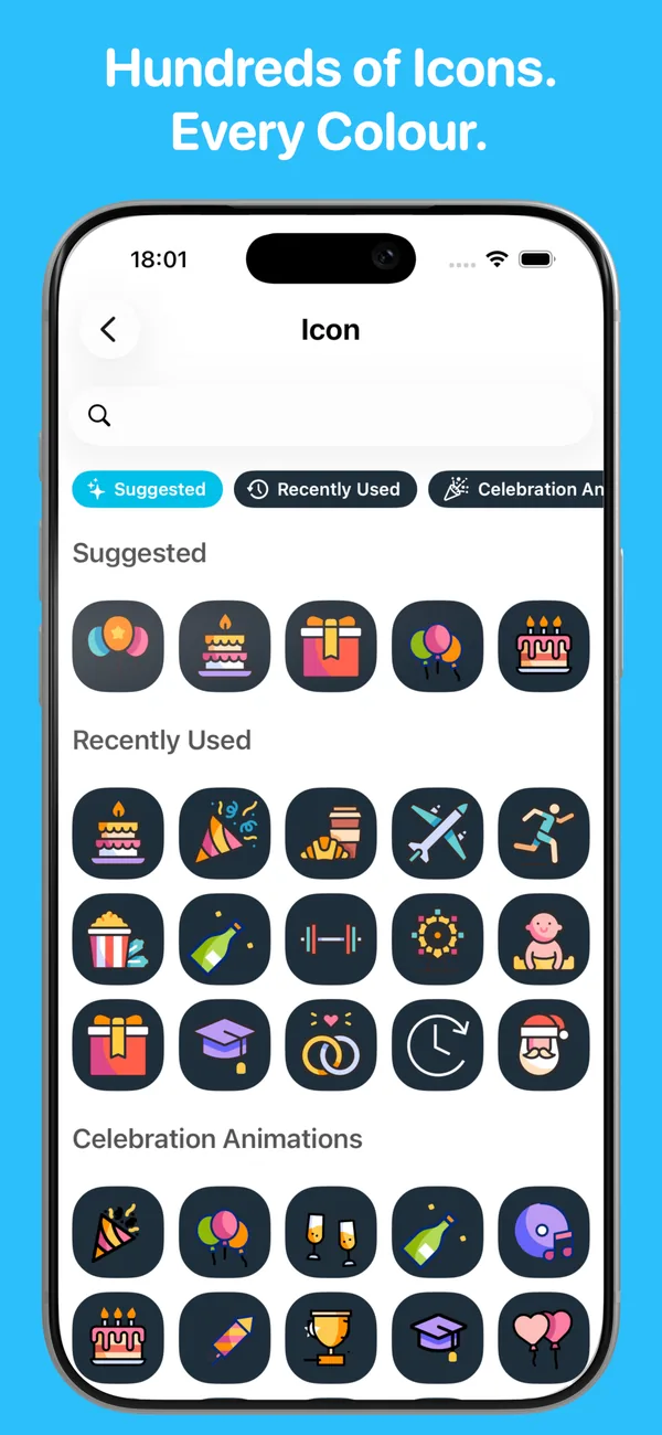 Choosing from hundreds of custom event icons including wedding, baby, exam and holiday symbols