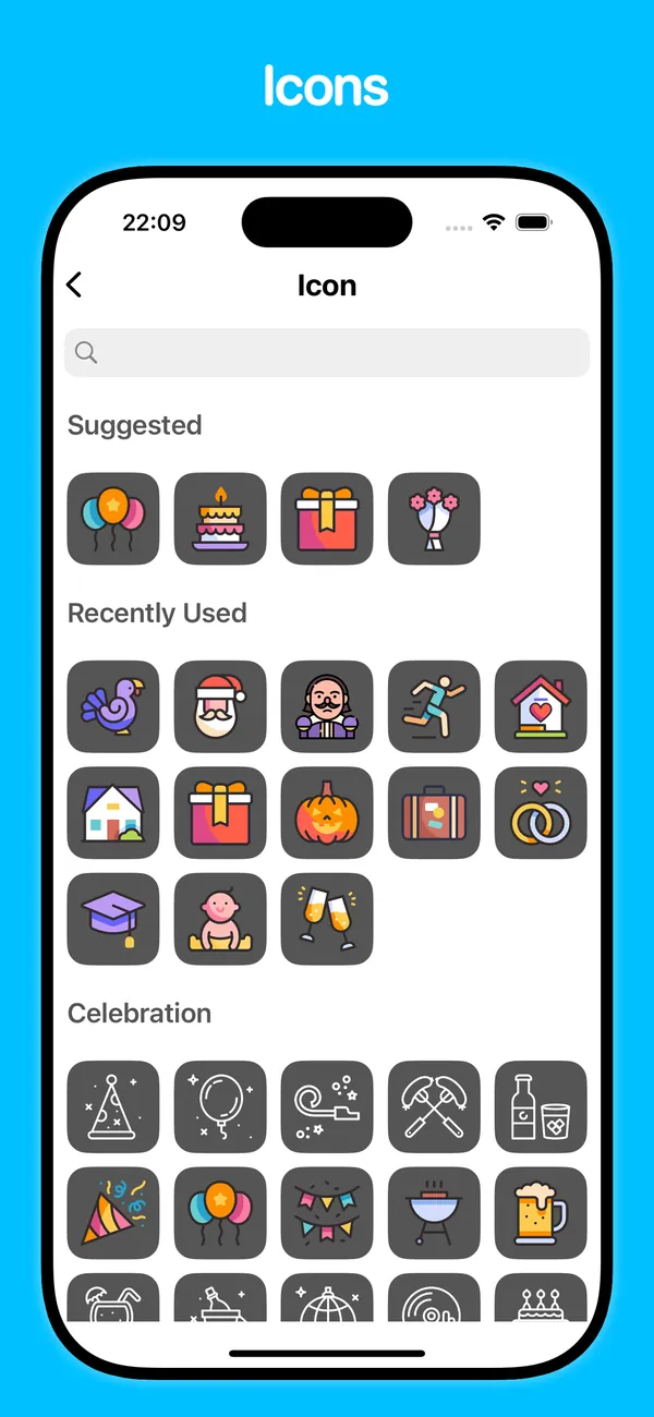 Choosing from hundreds of custom event icons including wedding, baby, exam and holiday symbols