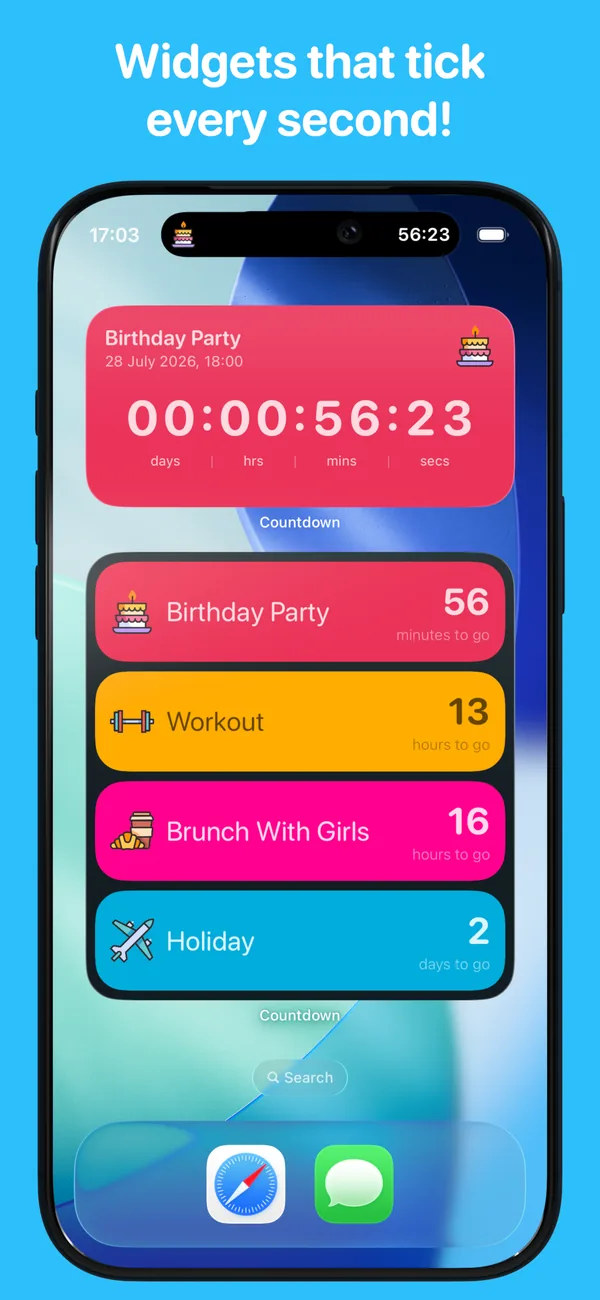 Event Countdown widgets on an iPhone Home Screen with a live countdown ticking down to the second