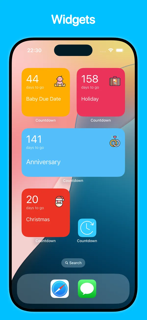 Event Countdown widgets pinned to an iPhone Home Screen showing days until each date
